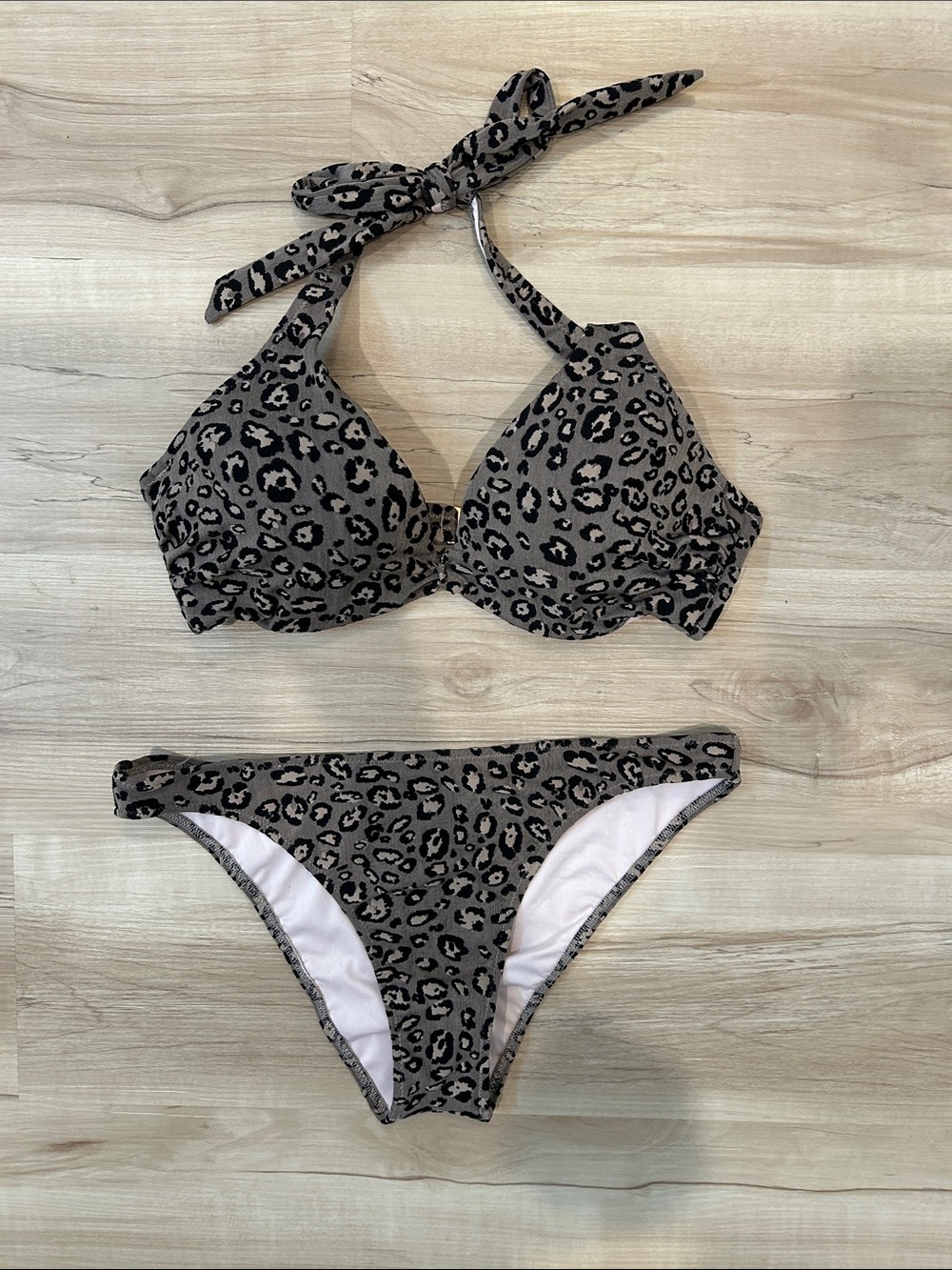 Shade & Shore Taupe and Black Leopard Halter Bikini Set